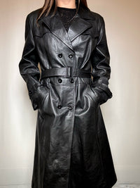 Trench en cuir ceinturé noir L vintage