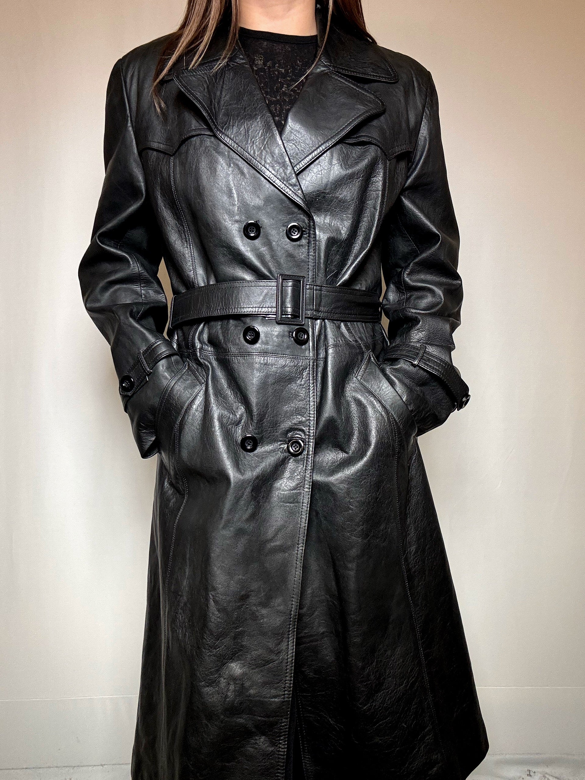Trench en cuir ceinturé noir L vintage
