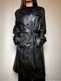 Trench en cuir ceinturé noir L vintage