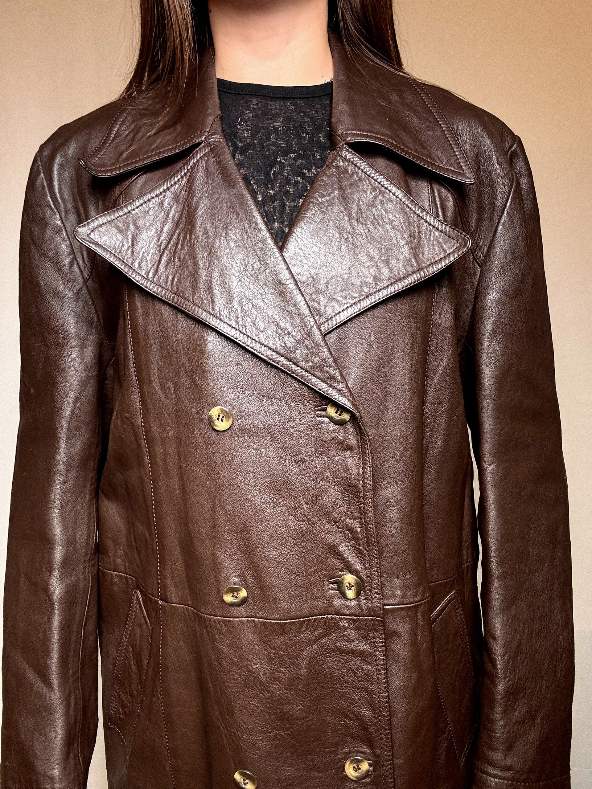 Vintage brown leather trench coat L/XL