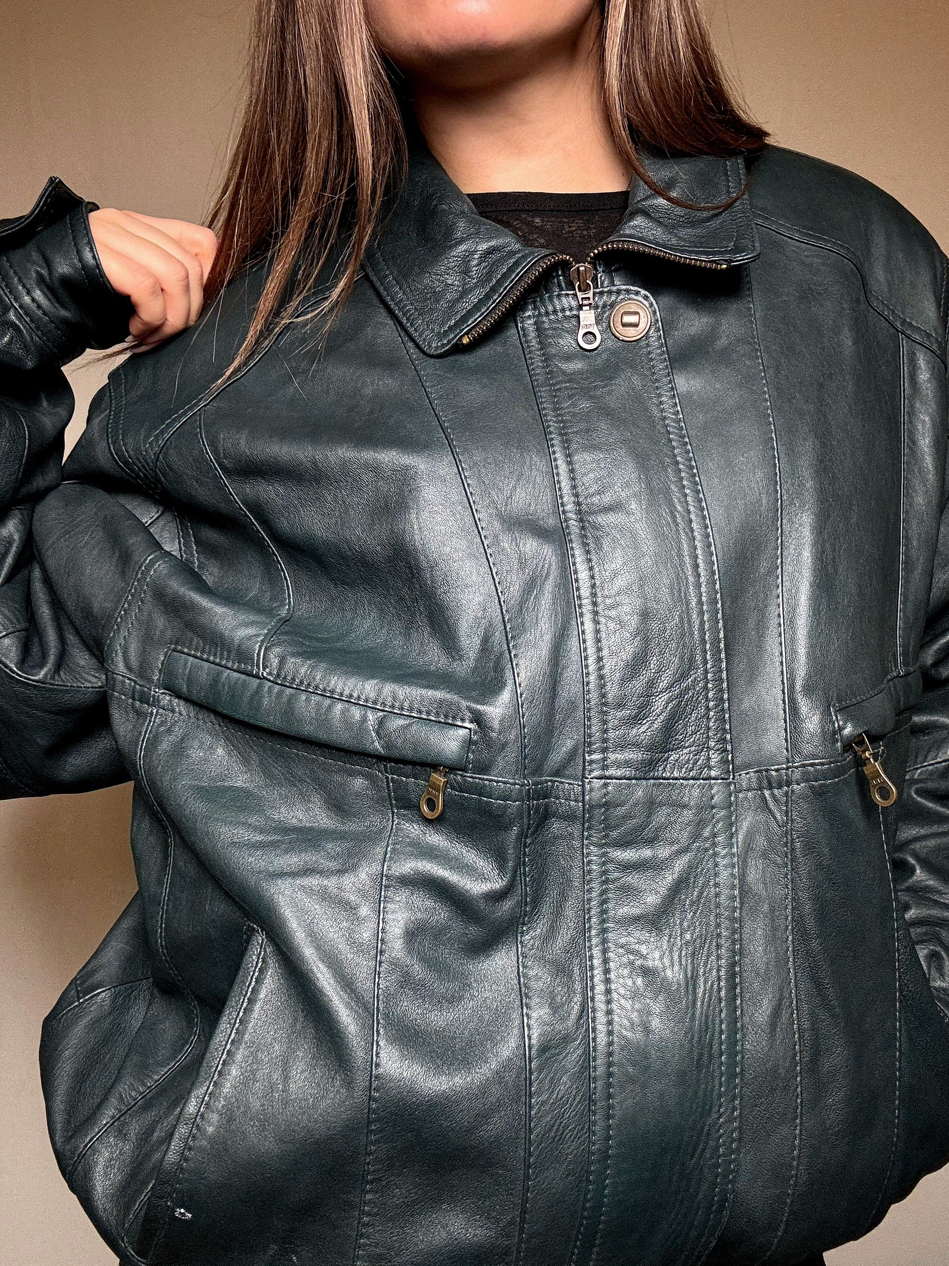 Blouson en cuir vert XL vintage
