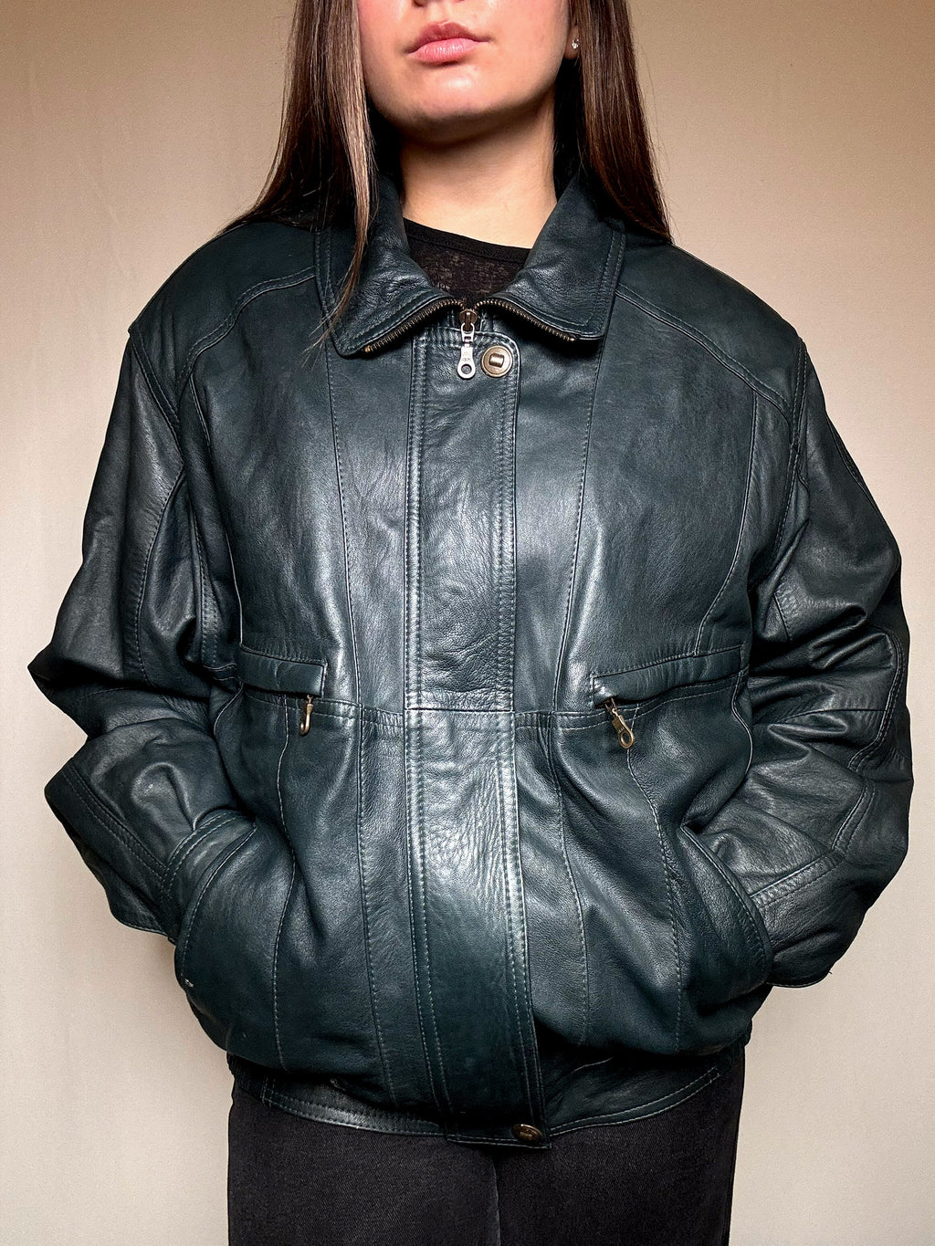 Blouson en cuir vert XL vintage