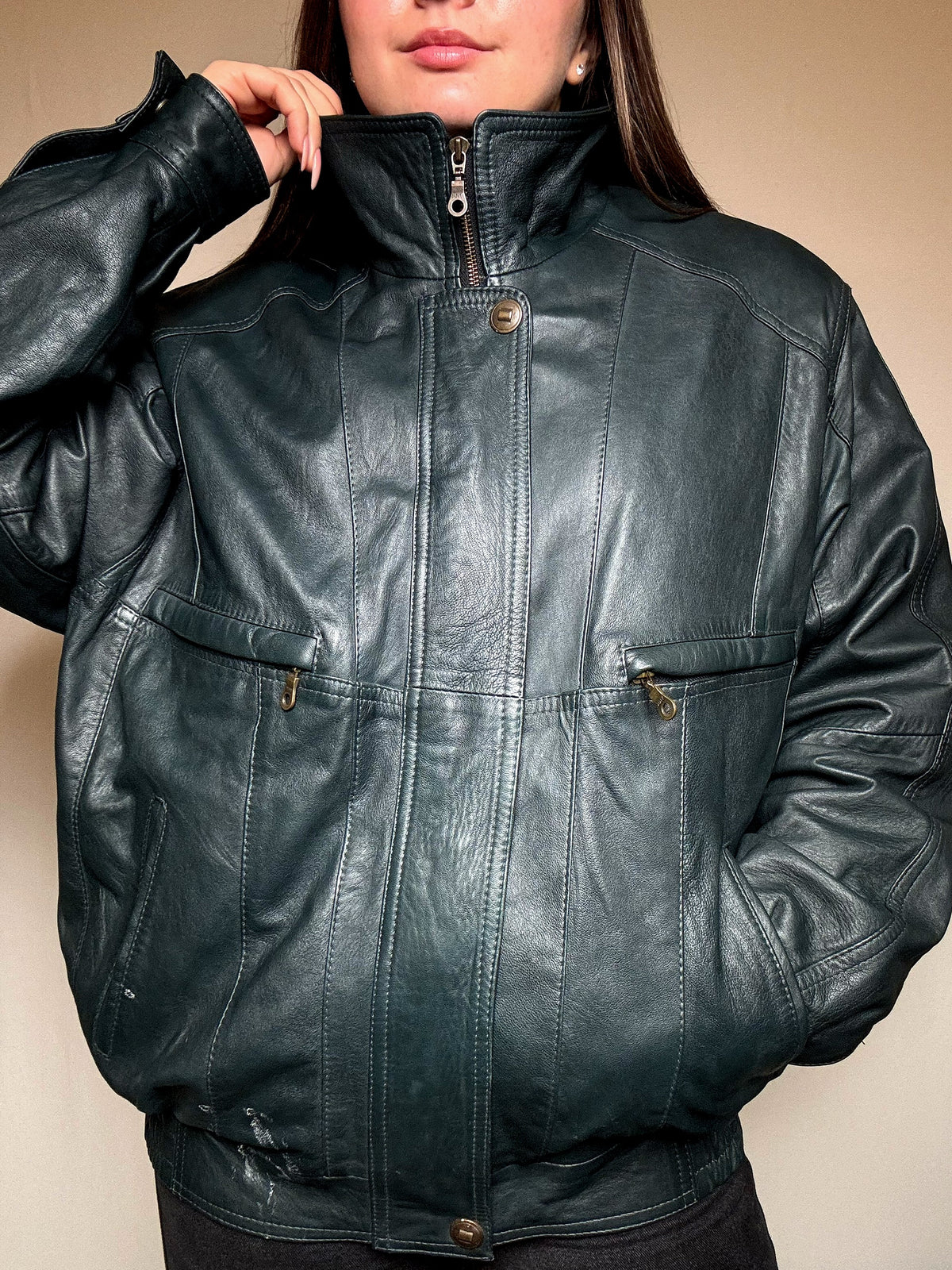 Blouson en cuir vert XL vintage