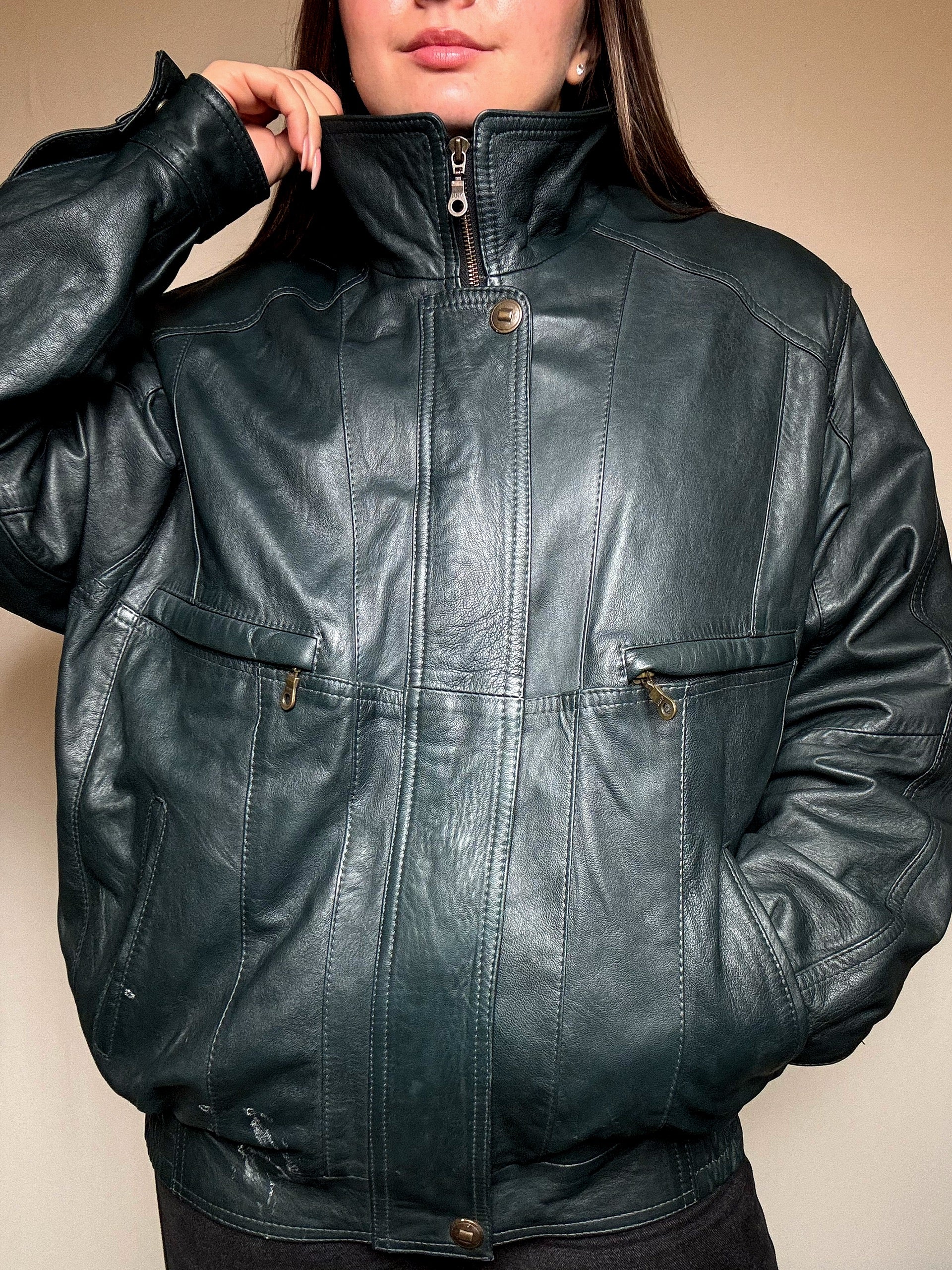 Blouson en cuir vert XL vintage