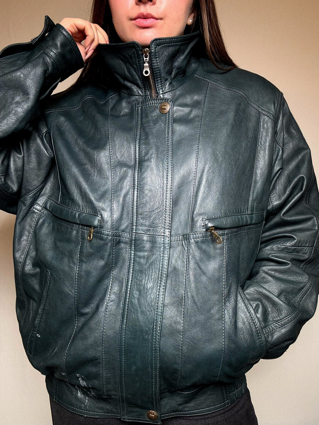Blouson en cuir vert XL vintage
