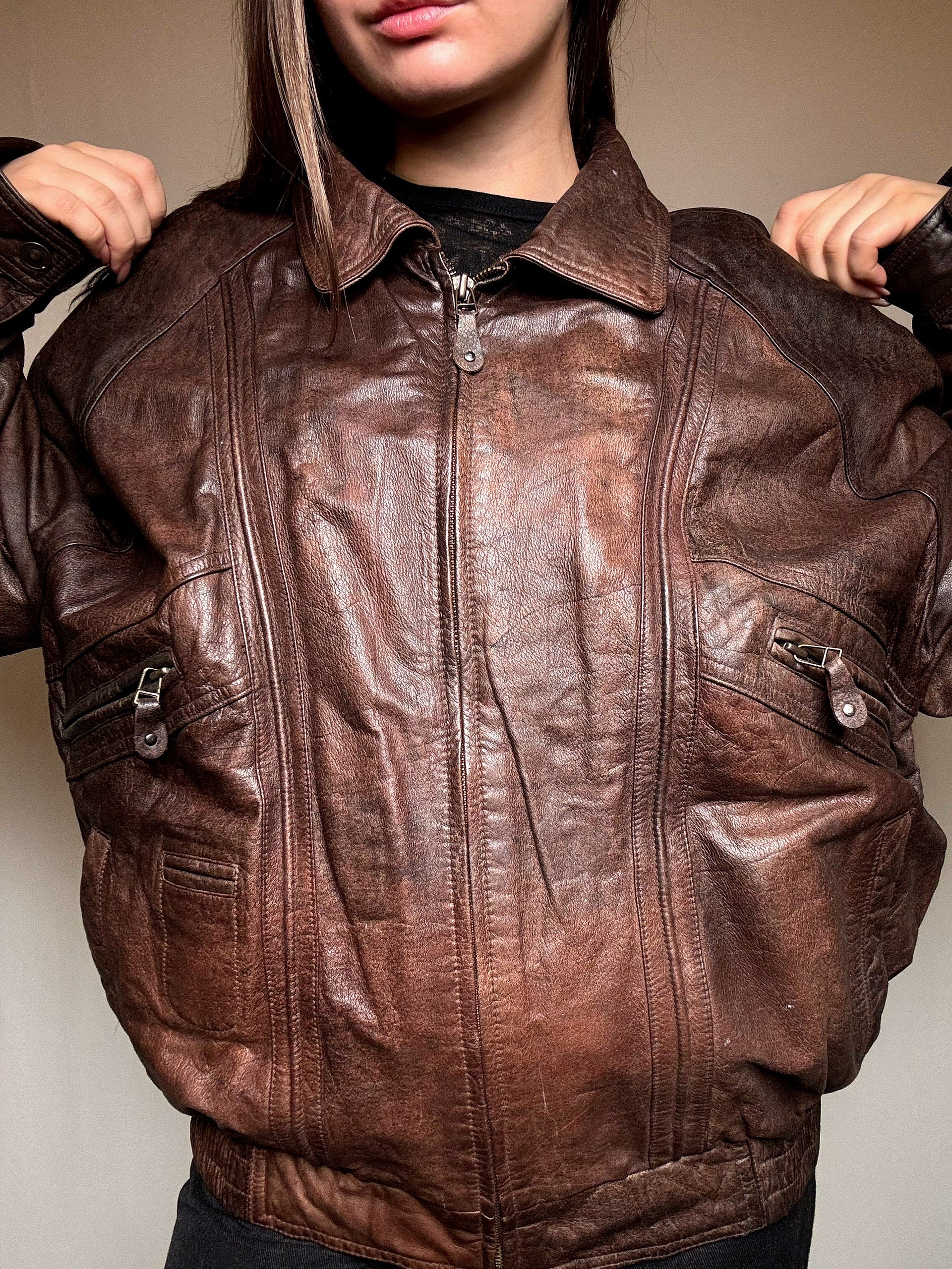 Blouson en cuir brun XL vintage