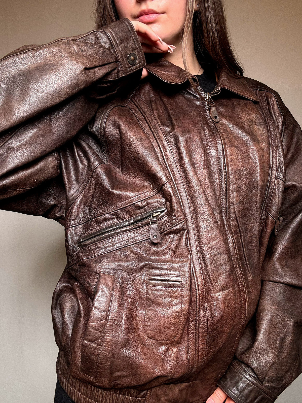 Blouson en cuir brun XL vintage