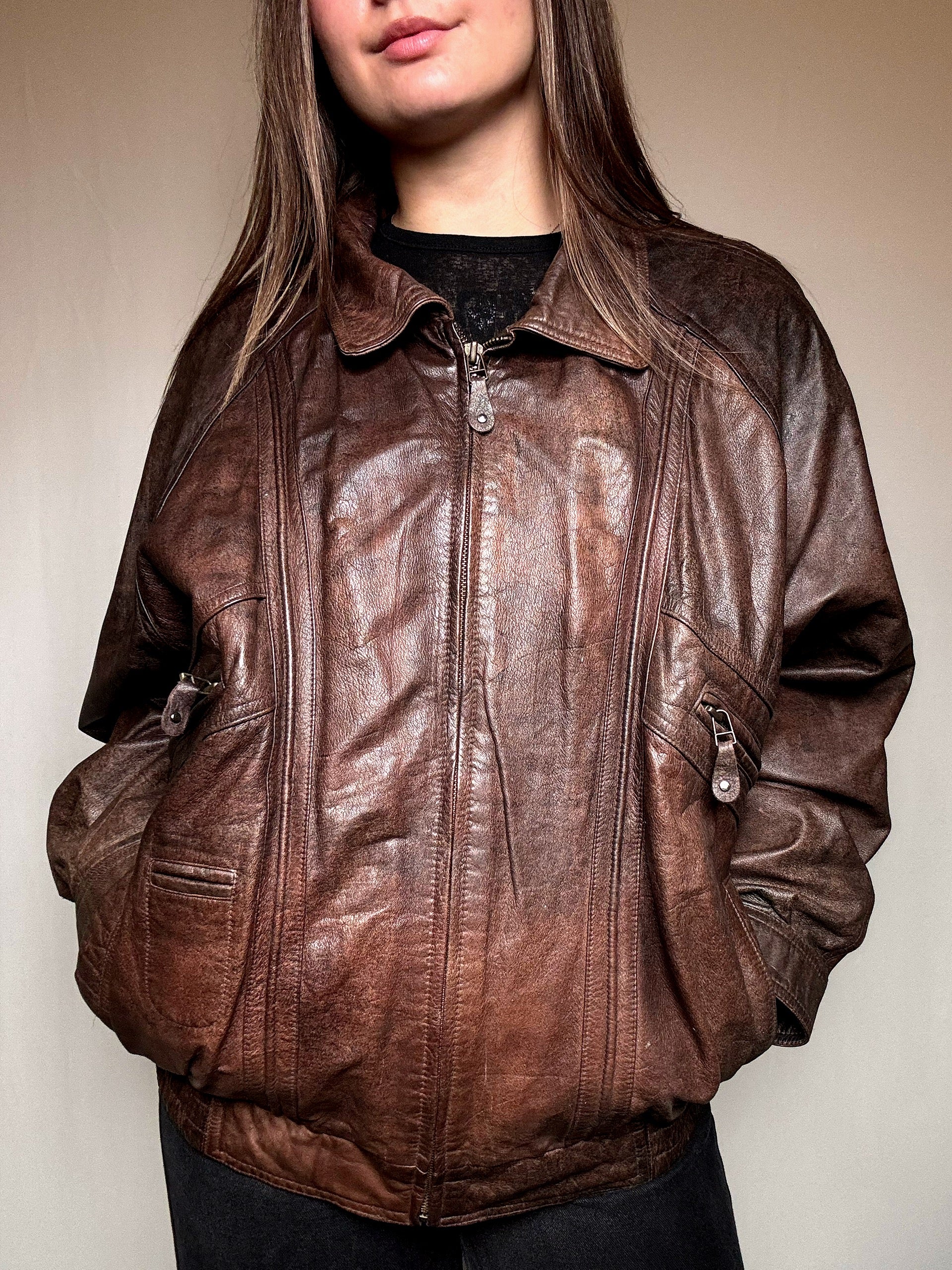 Blouson en cuir brun XL vintage