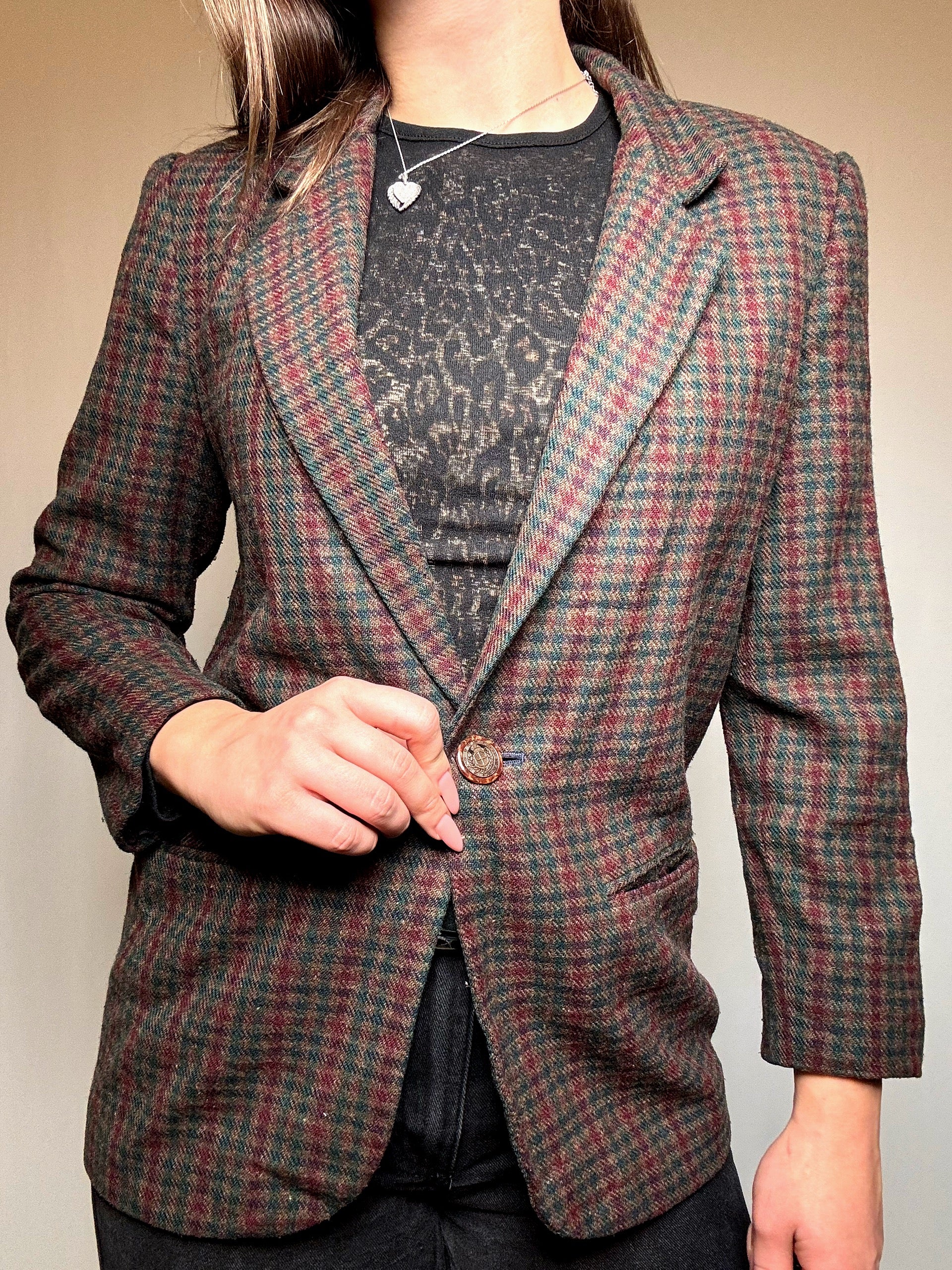 Blazer à carreaux bruns et bordeaux S/M vintage