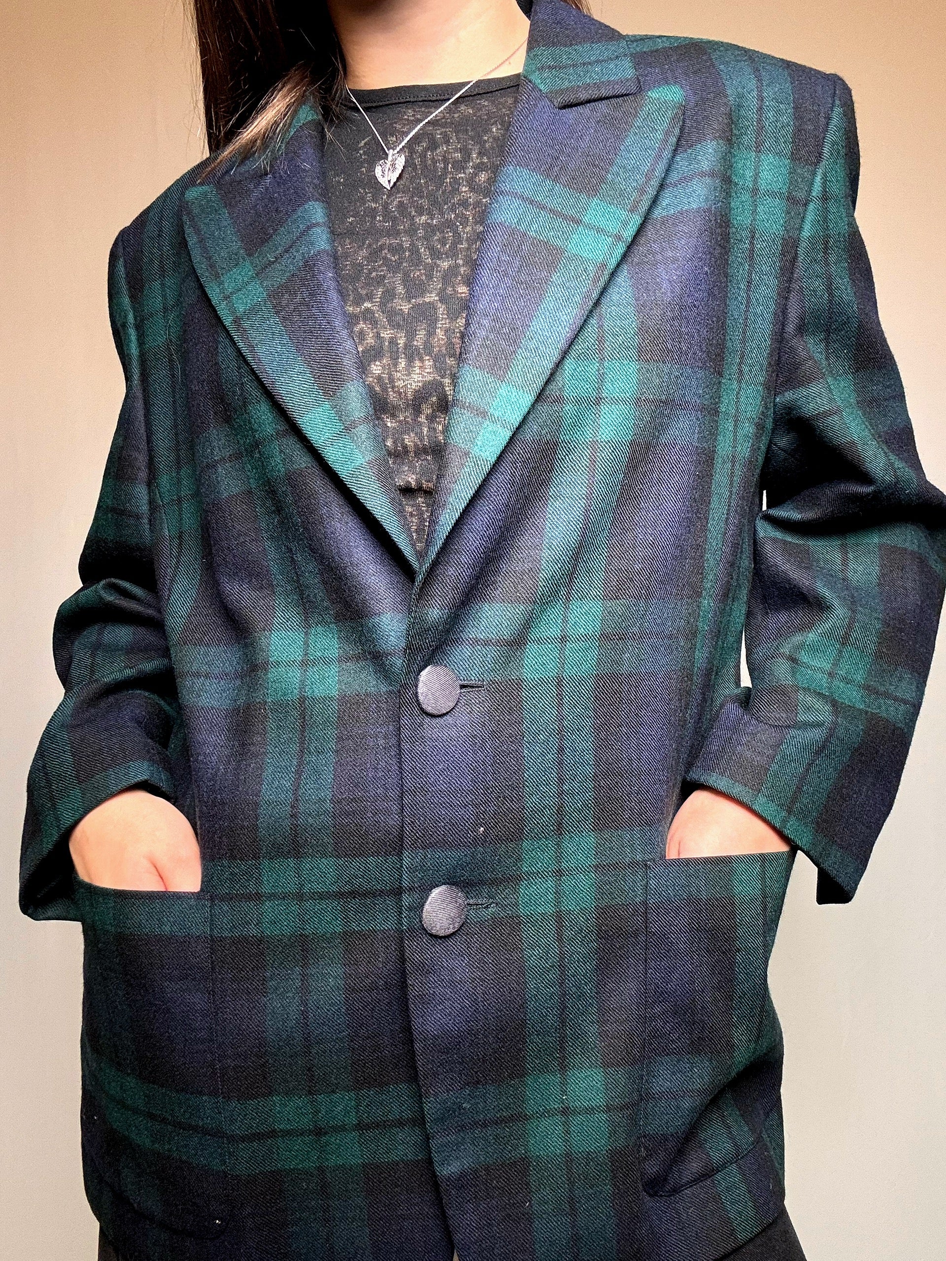 Blazer à carreaux marine et vert L vintage