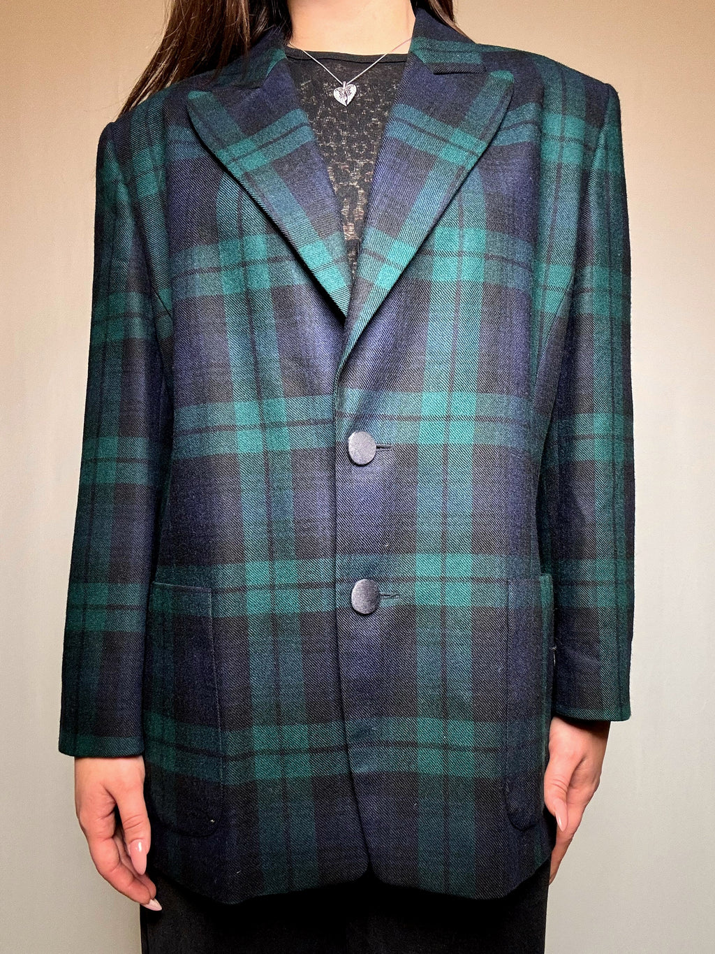 Vintage L green and navy check blazer