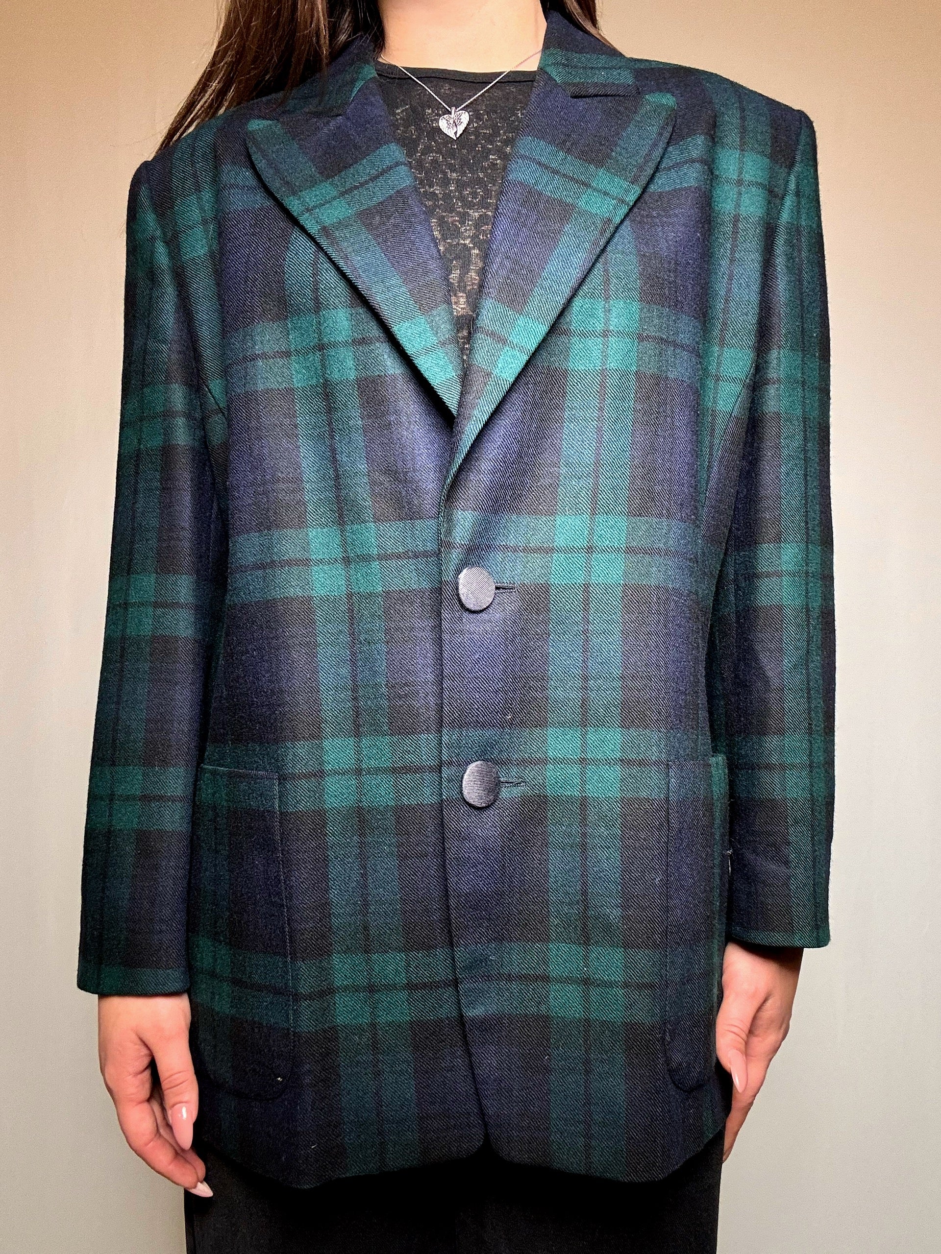 Vintage L green and navy check blazer