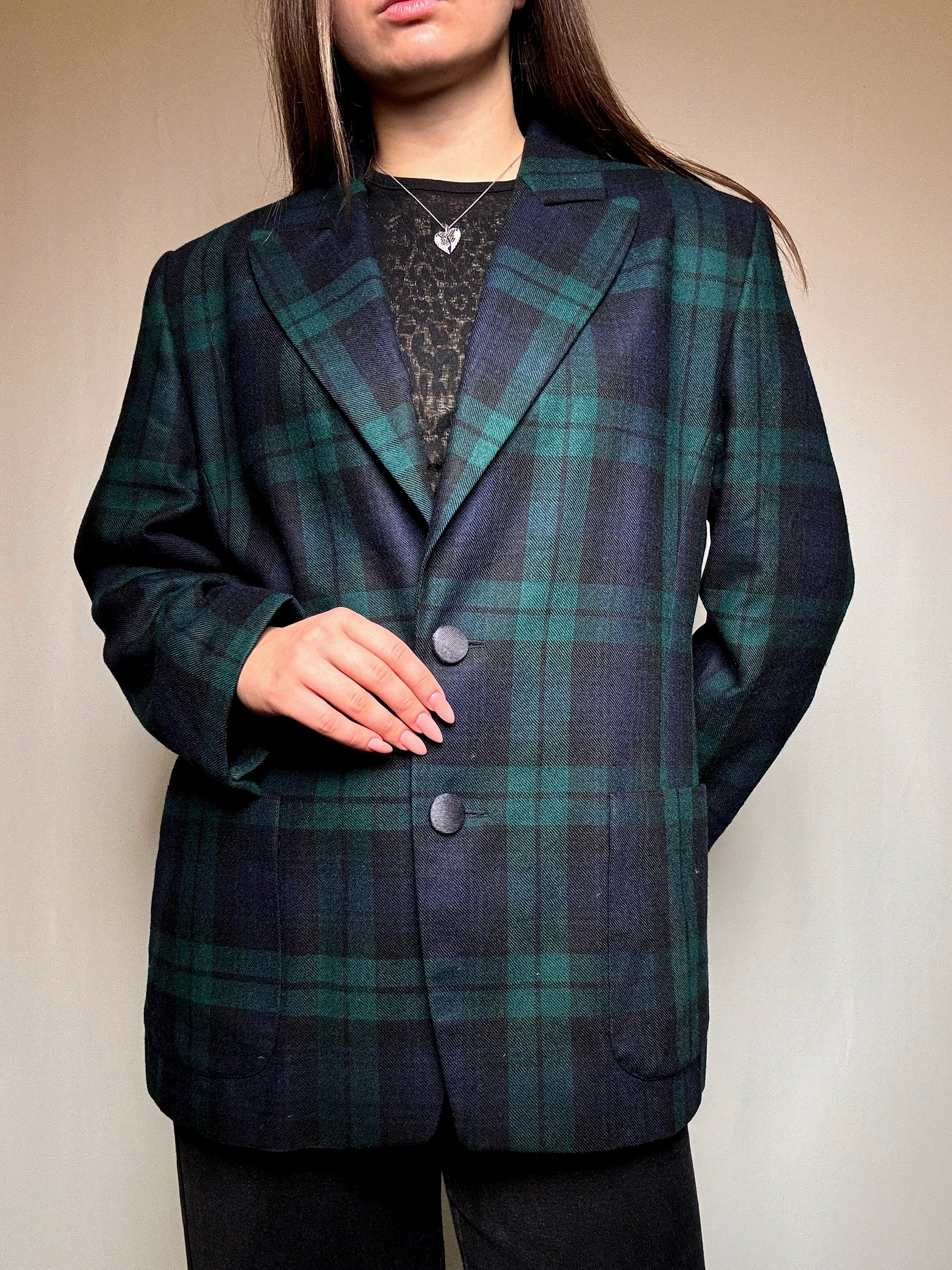 Blazer à carreaux marine et vert L vintage