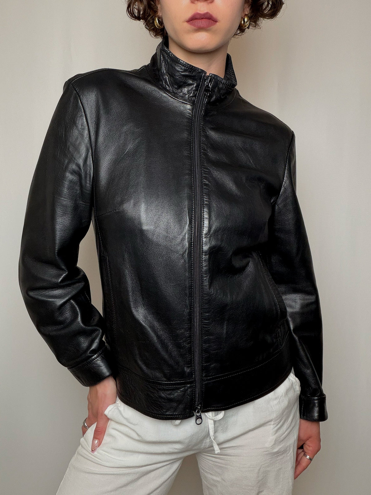 Veste en cuir noire Benetton S/M vintage