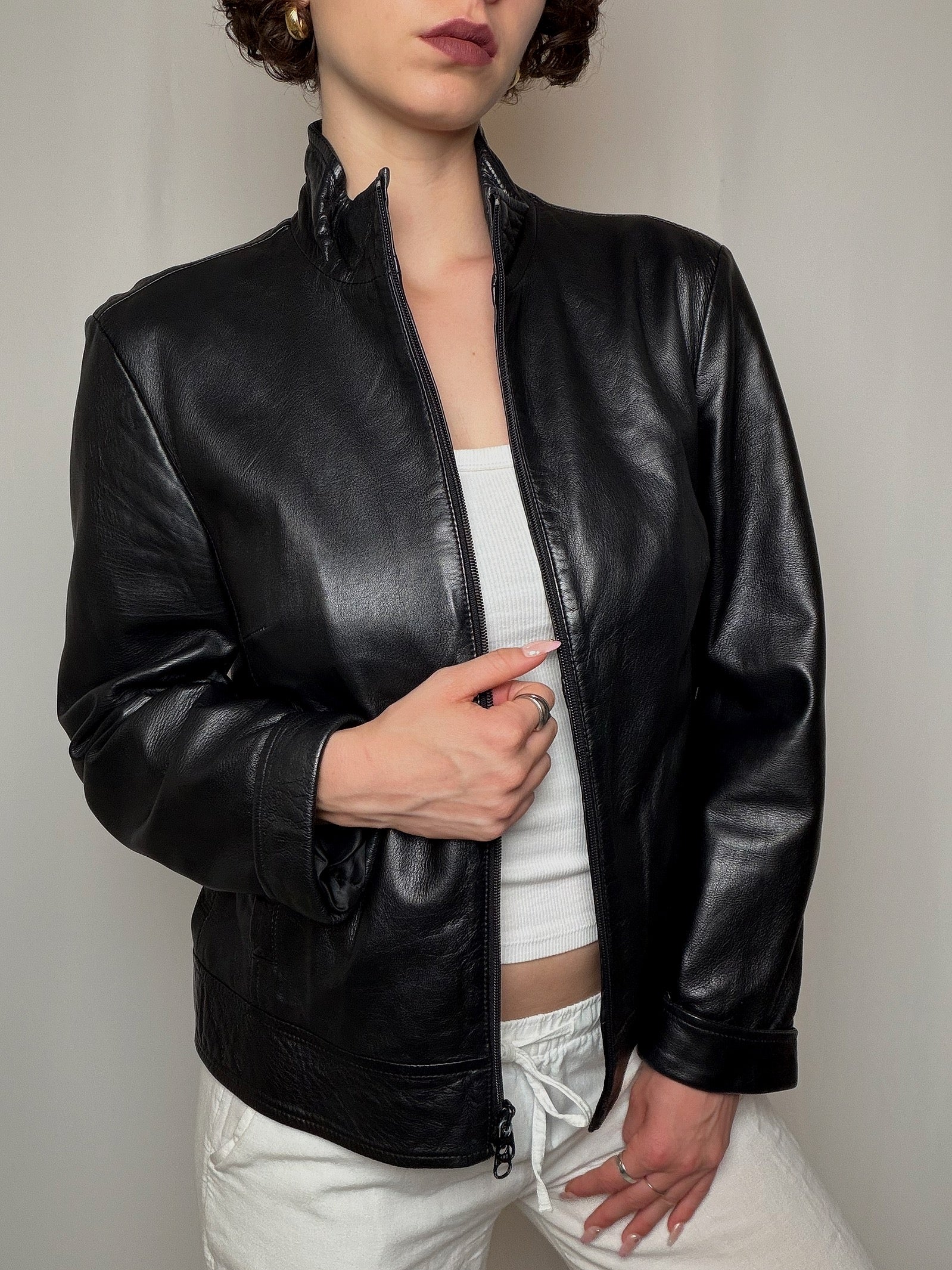 Veste en cuir noire Benetton S/M vintage