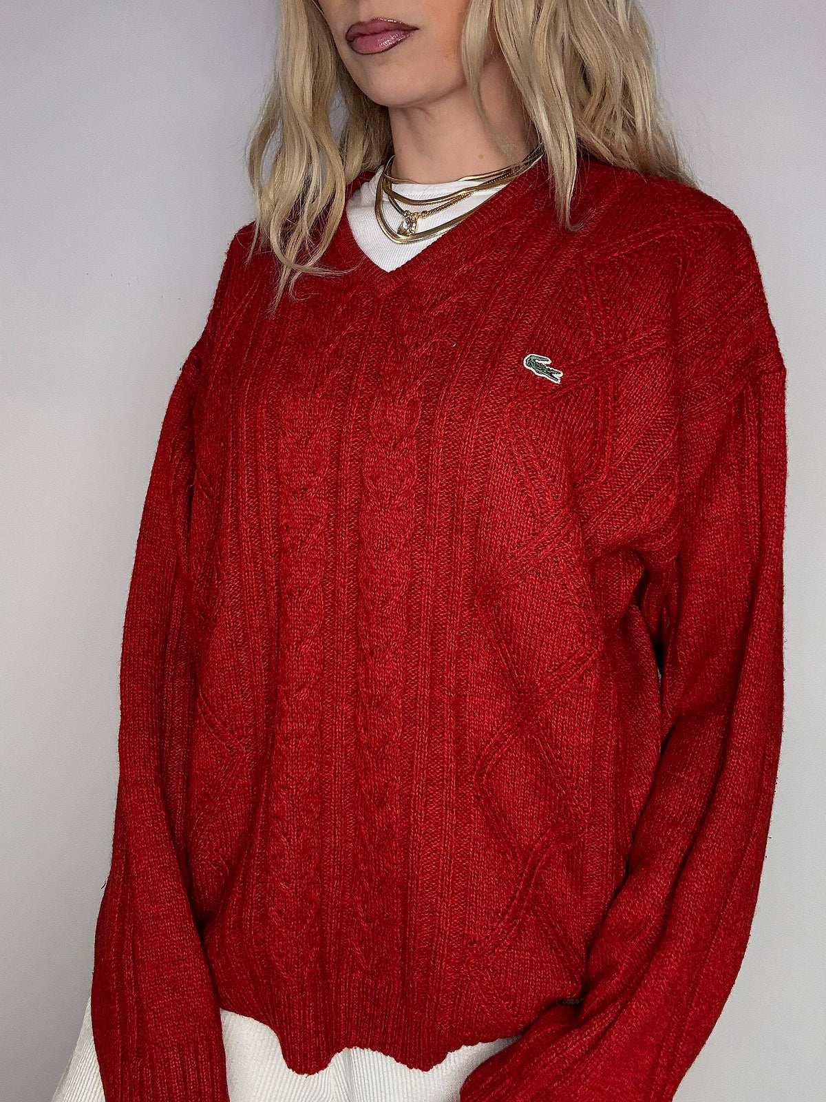 LACOSTE L vintage beige braided crew neck sweater