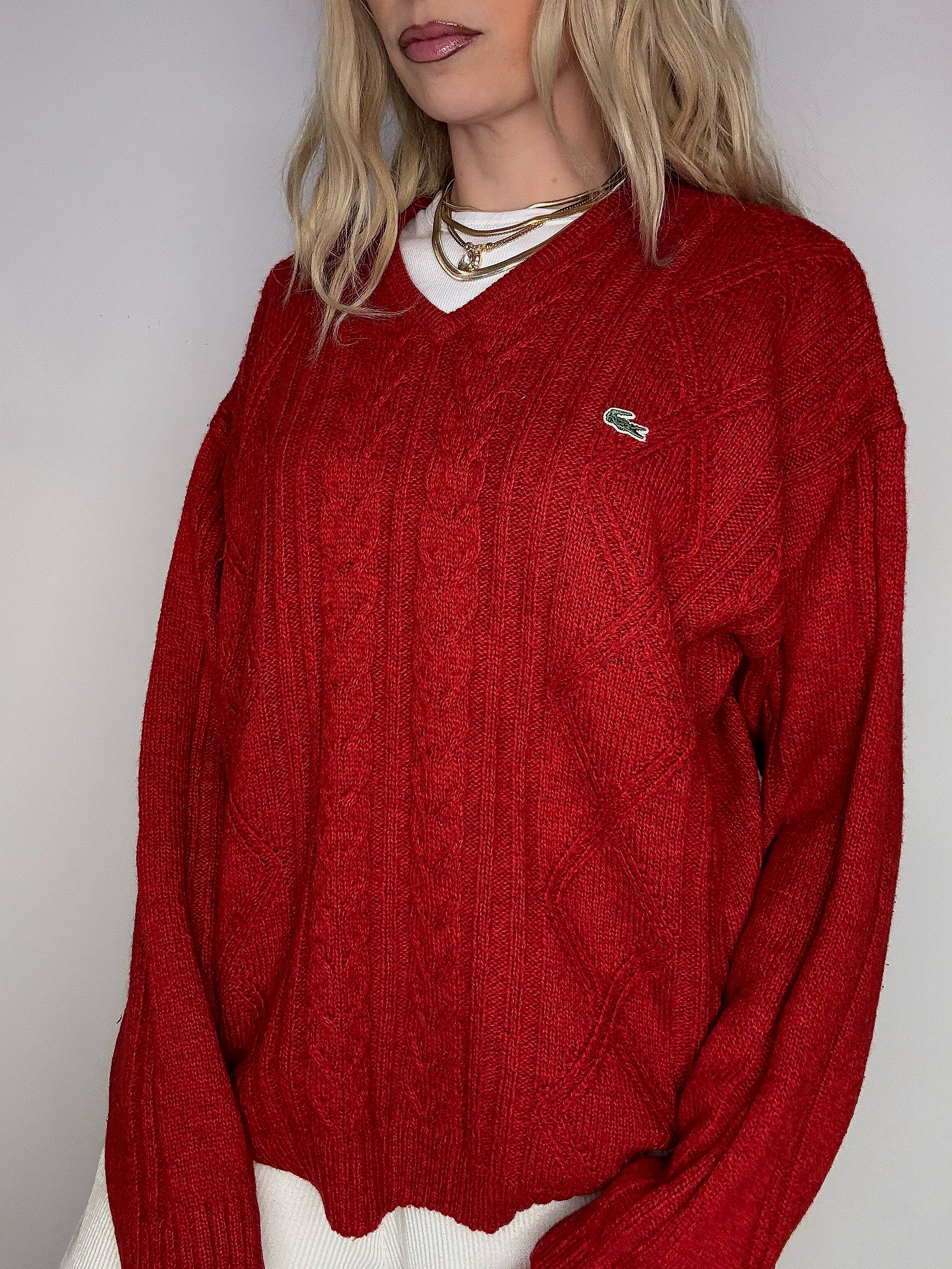 LACOSTE L vintage beige braided crew neck sweater