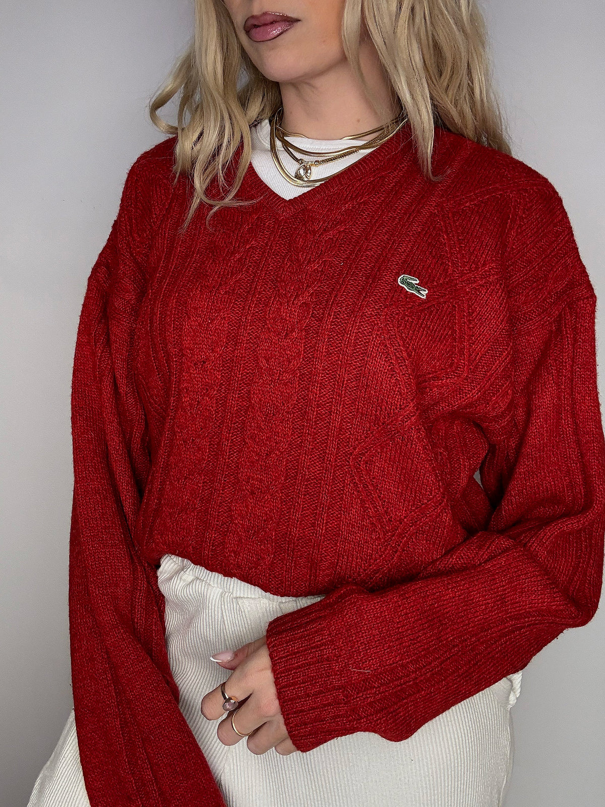 LACOSTE L vintage beige braided crew neck sweater