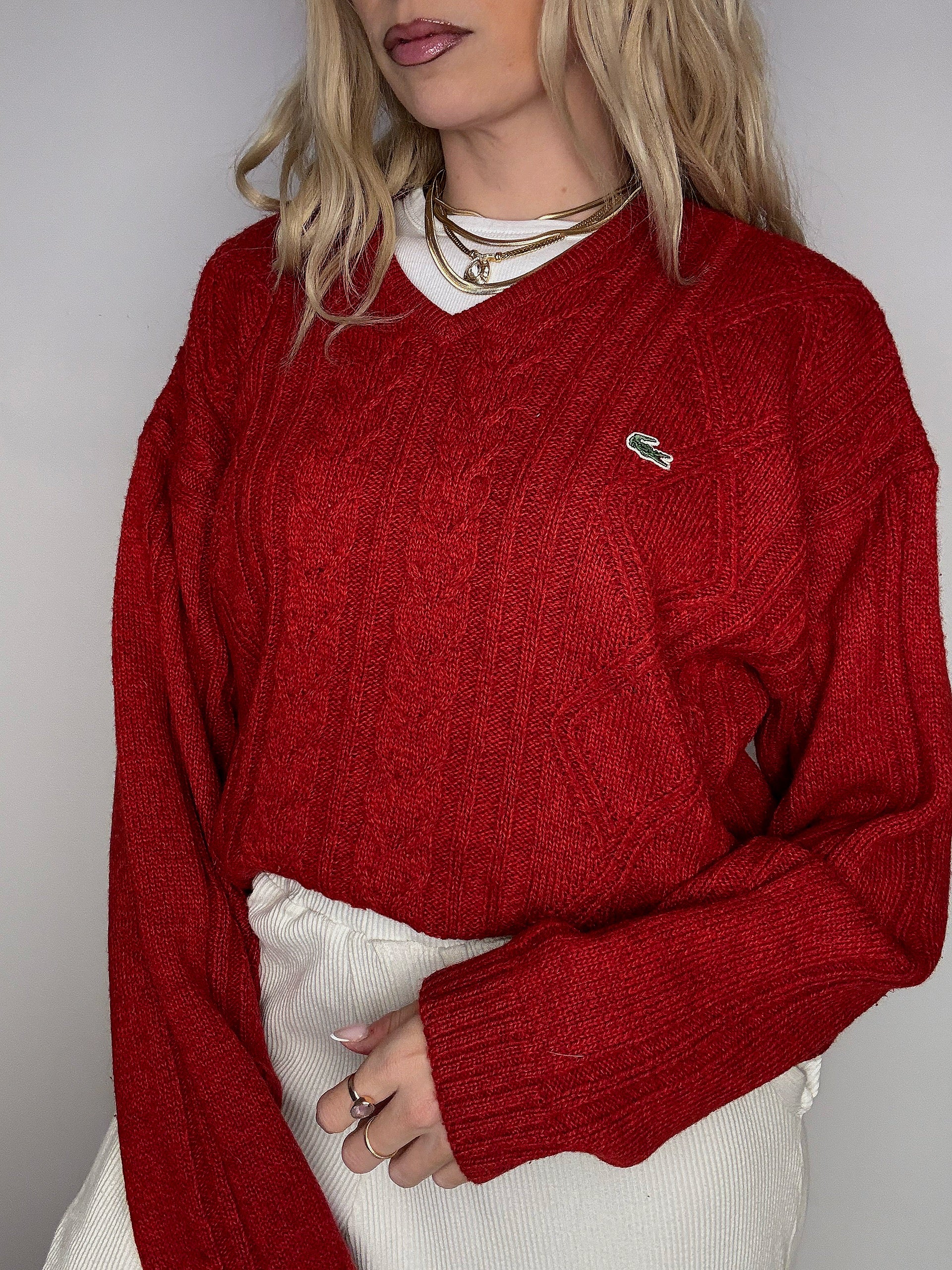 LACOSTE L vintage beige braided crew neck sweater