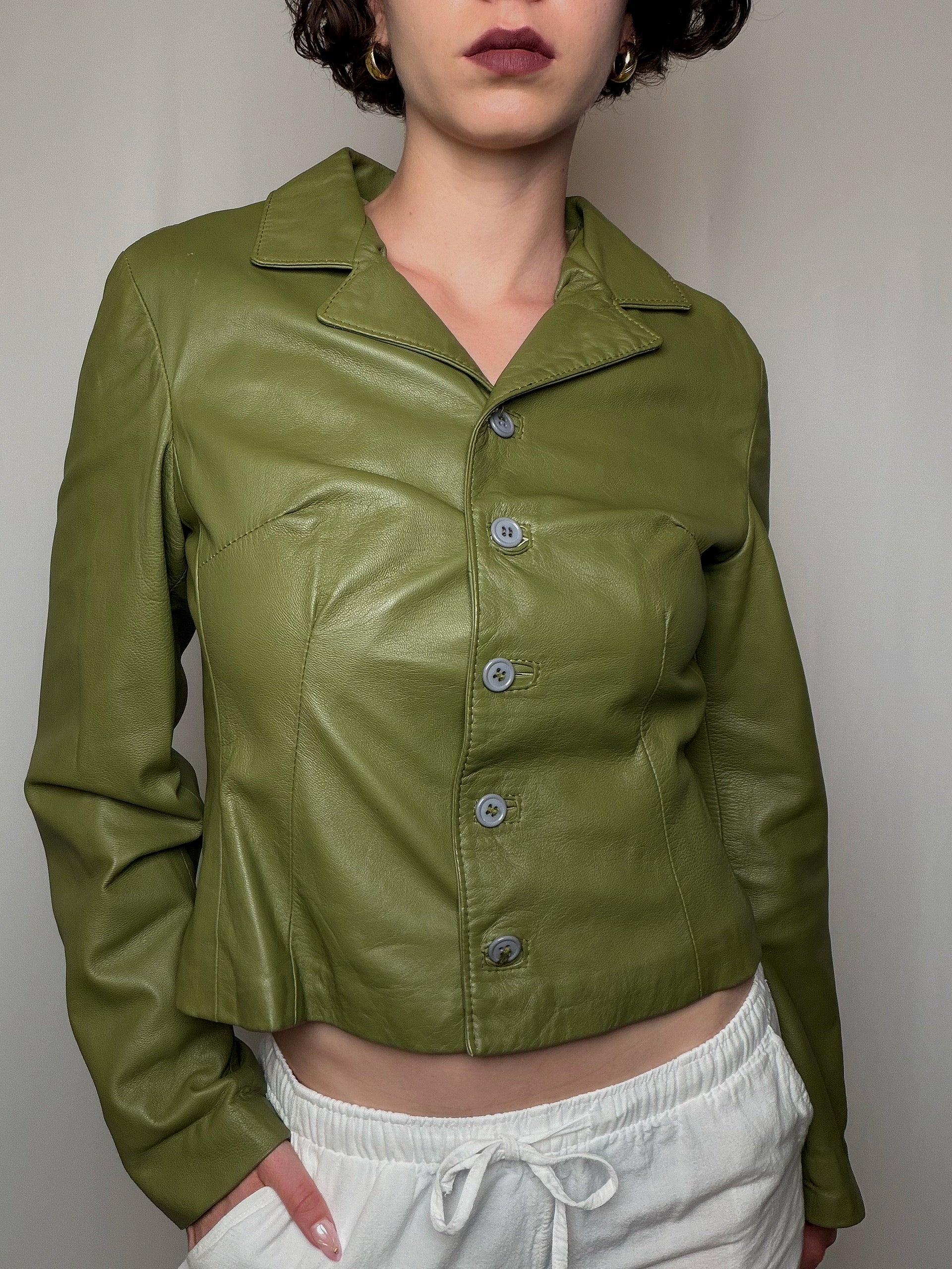 Veste en cuir vert S vintage