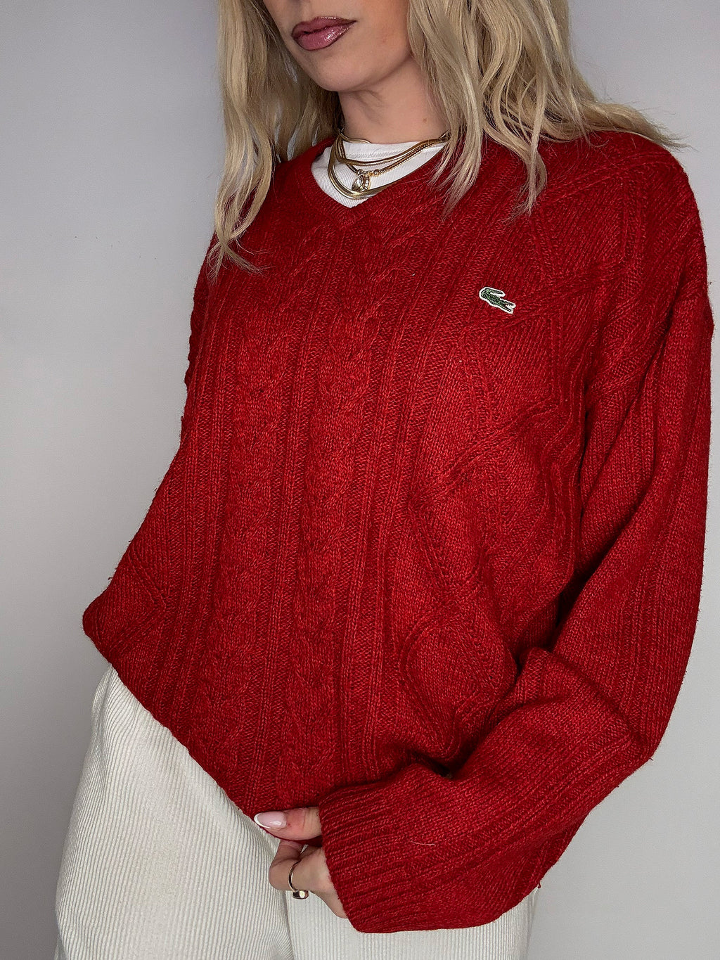 LACOSTE L vintage beige braided crew neck sweater