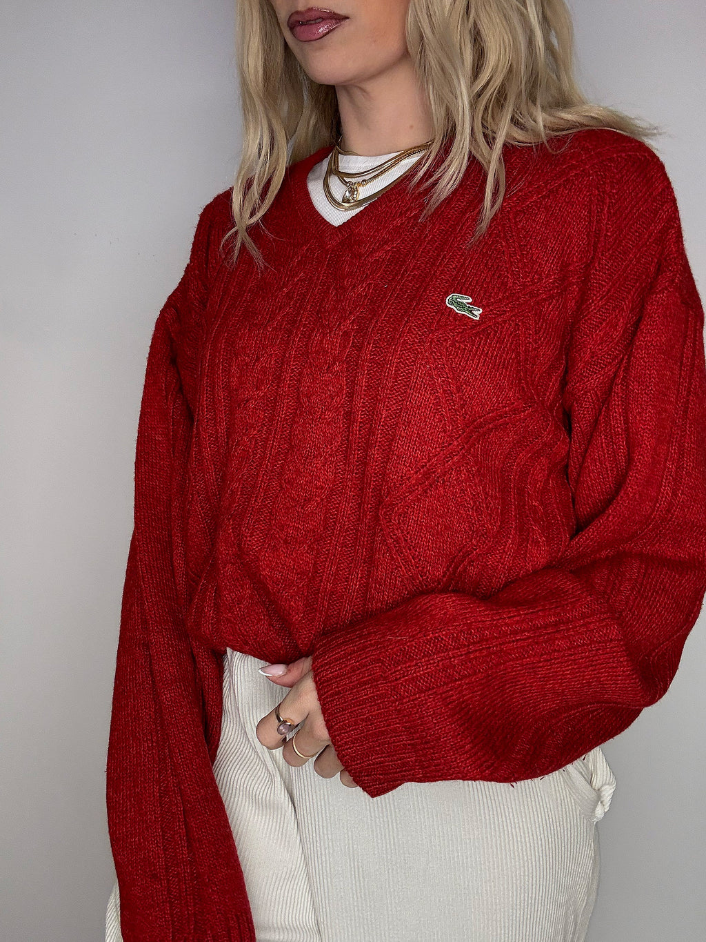 LACOSTE L vintage beige braided crew neck sweater