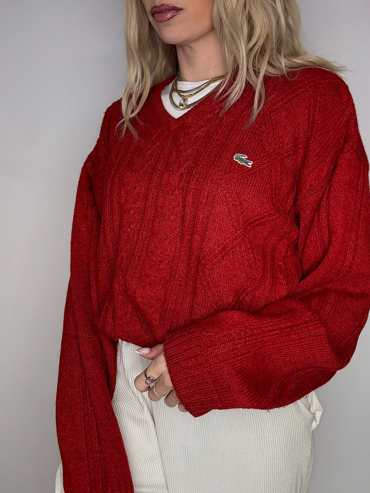 LACOSTE L vintage beige braided crew neck sweater