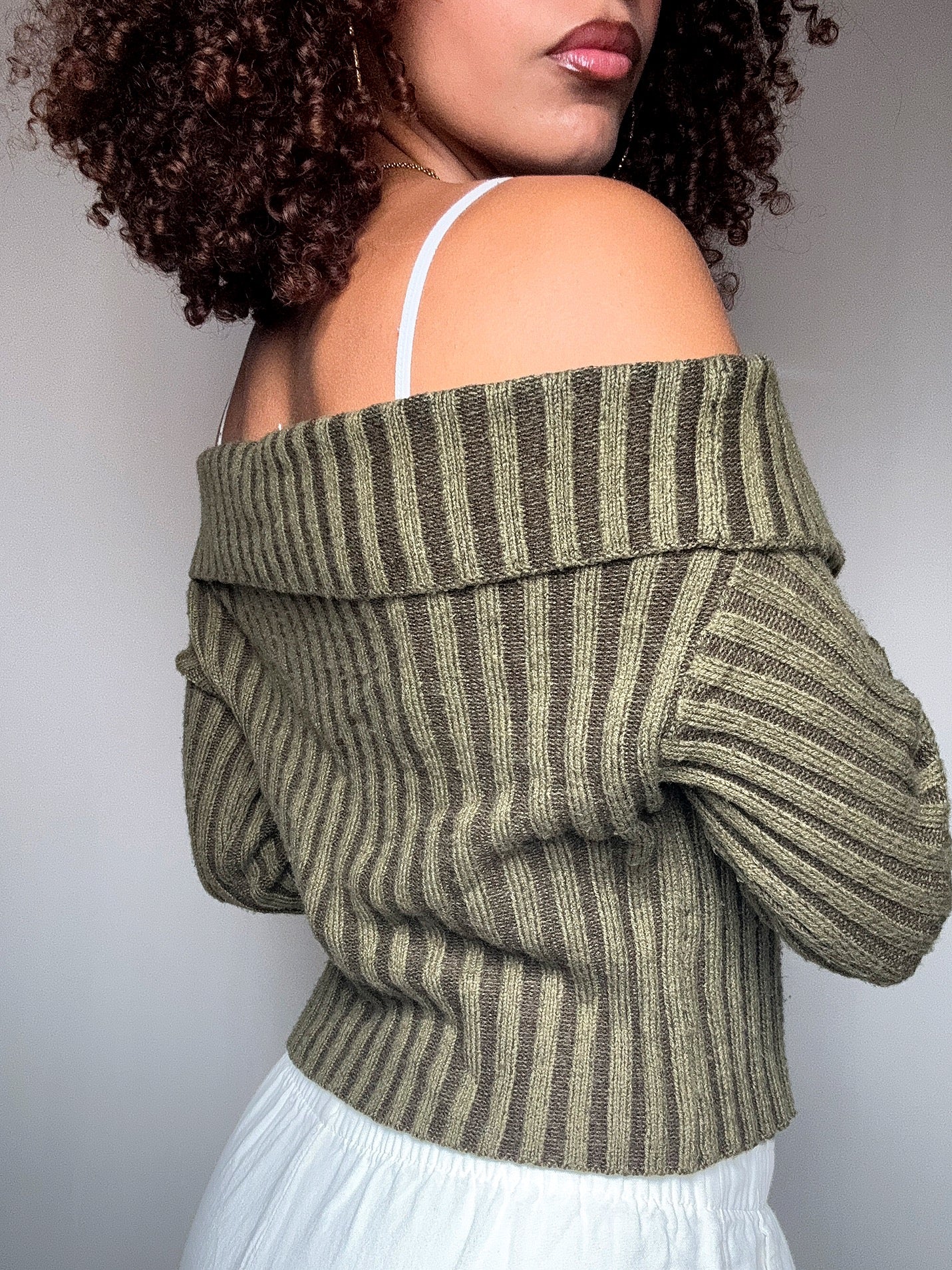 khakifarbener Bootsausschnitt-Cardigan Gr. S Vintage