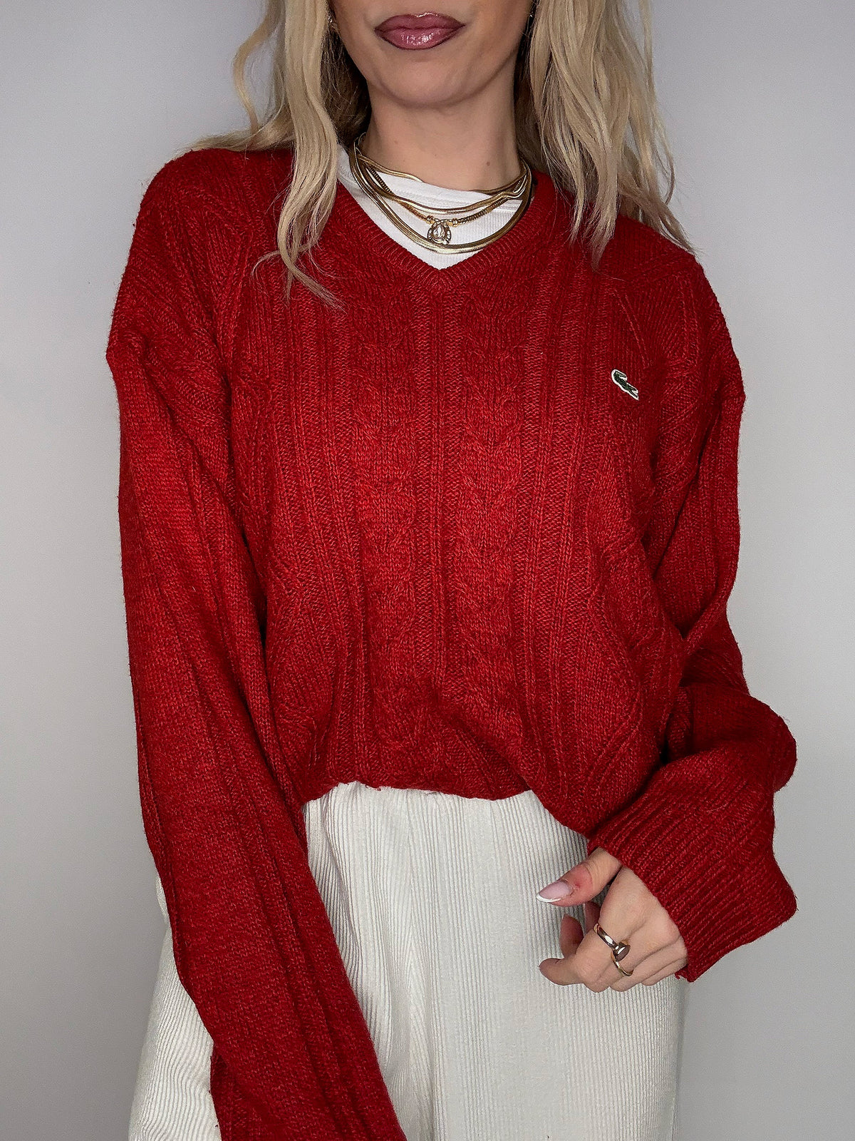 LACOSTE L vintage beige braided crew neck sweater