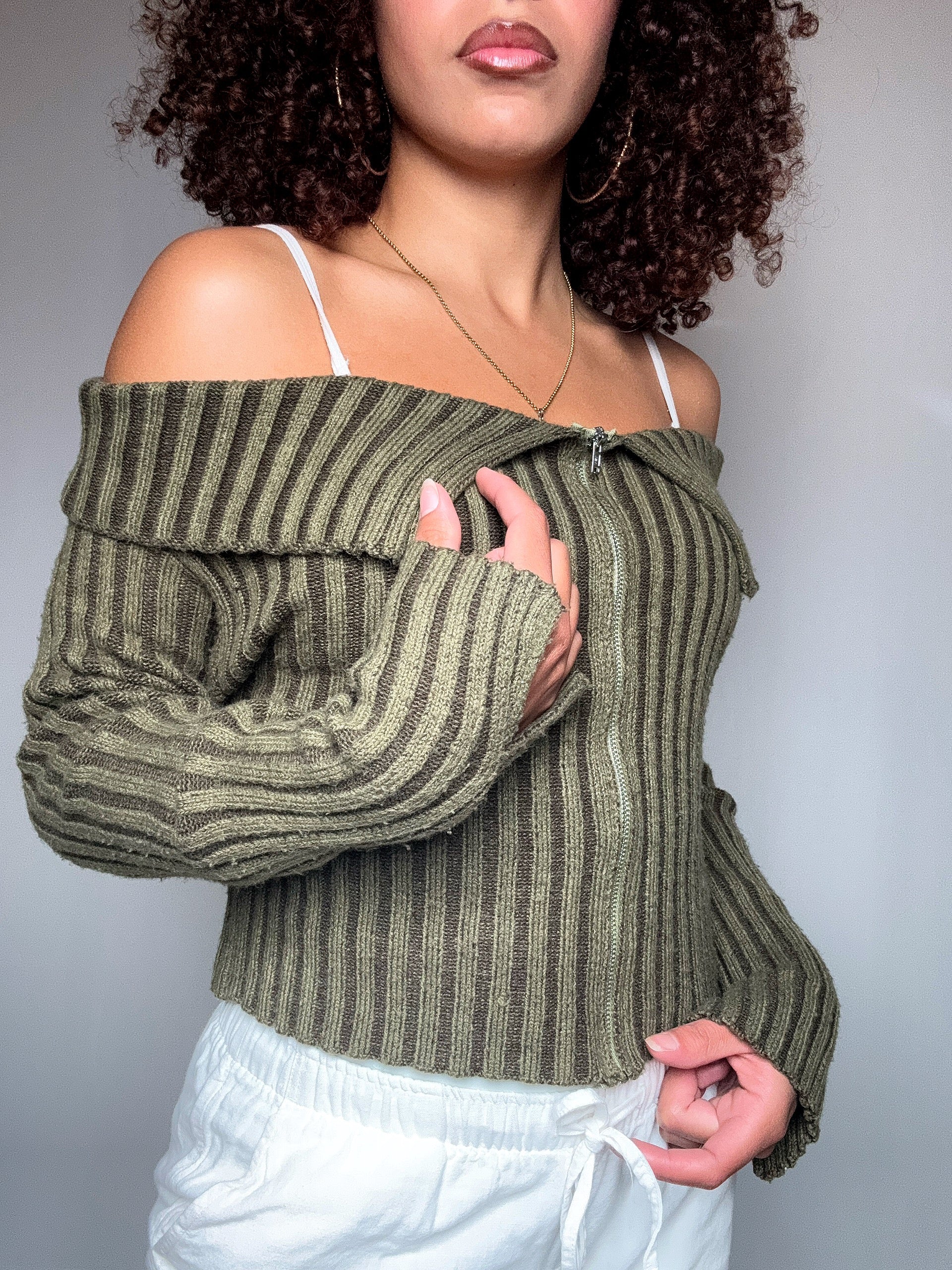 khakifarbener Bootsausschnitt-Cardigan Gr. S Vintage