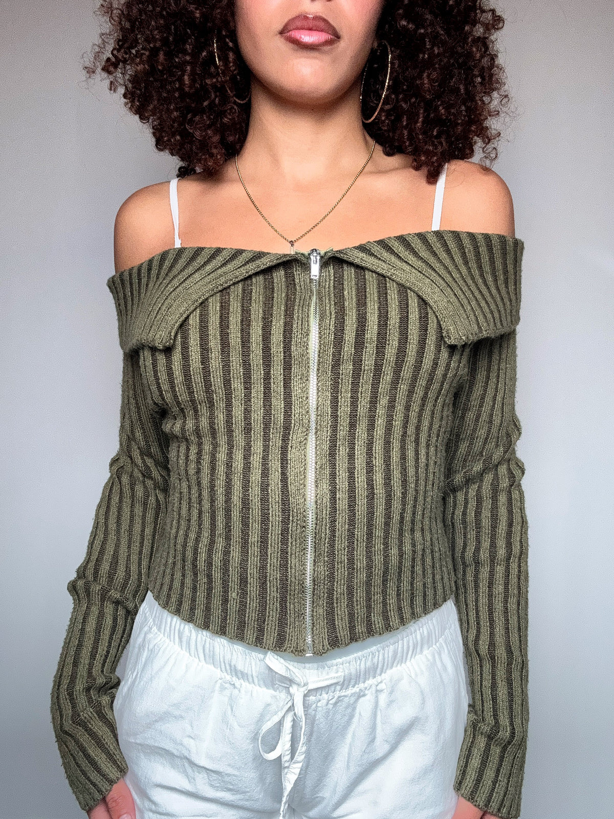 khakifarbener Bootsausschnitt-Cardigan Gr. S Vintage
