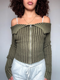 khakifarbener Bootsausschnitt-Cardigan Gr. S Vintage