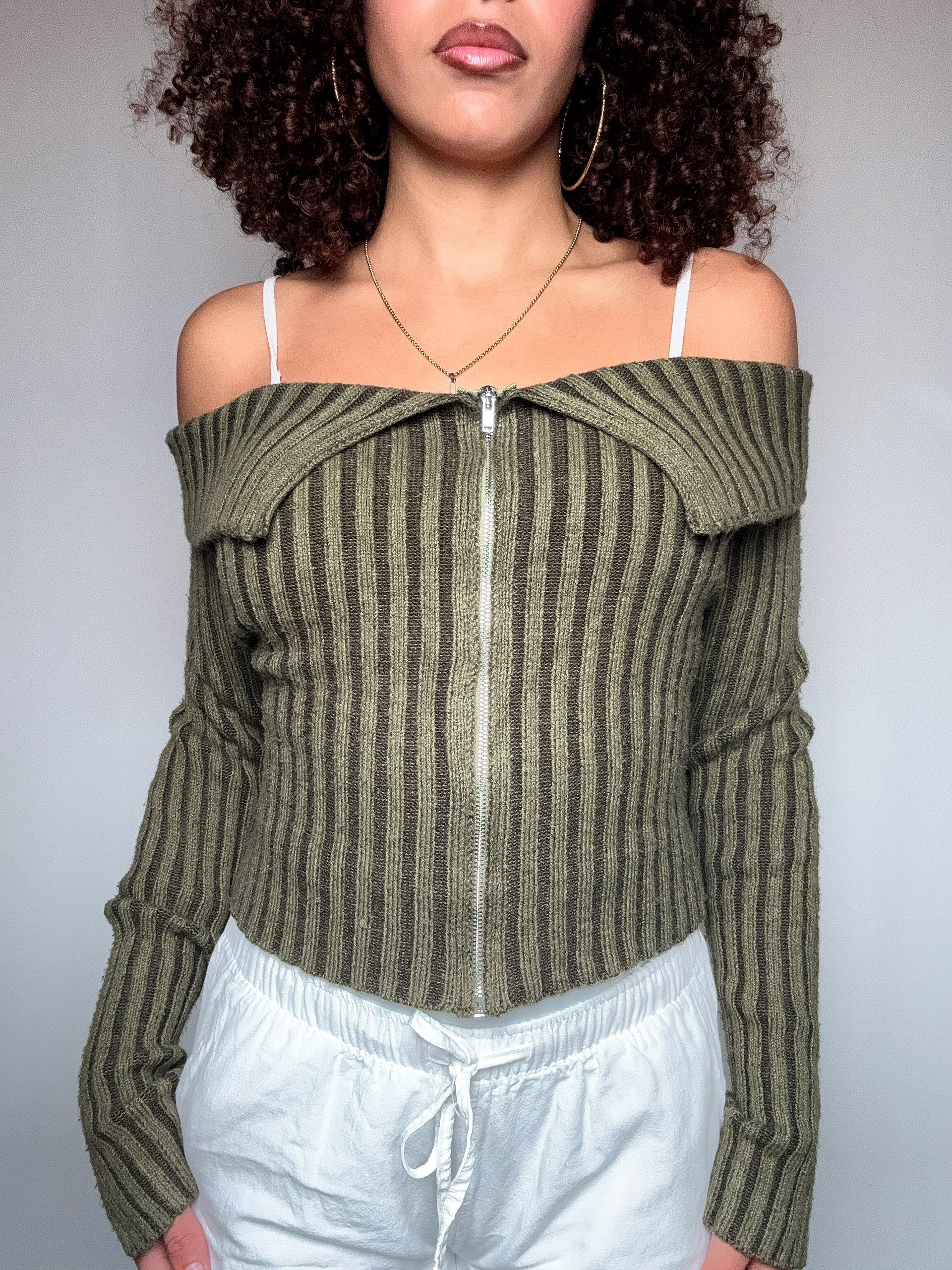 khakifarbener Bootsausschnitt-Cardigan Gr. S Vintage
