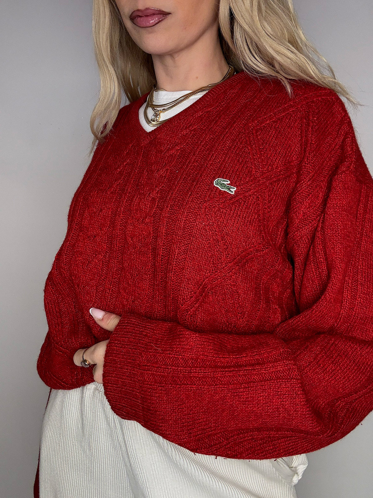 LACOSTE L vintage beige braided crew neck sweater