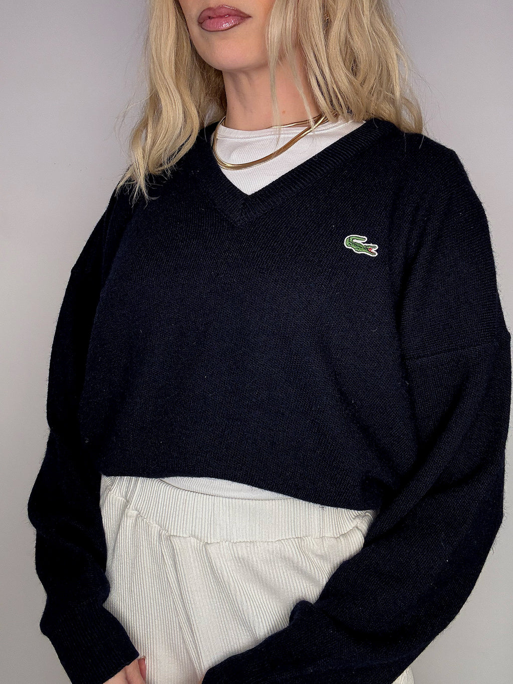 LACOSTE S vintage black V-neck wool sweater