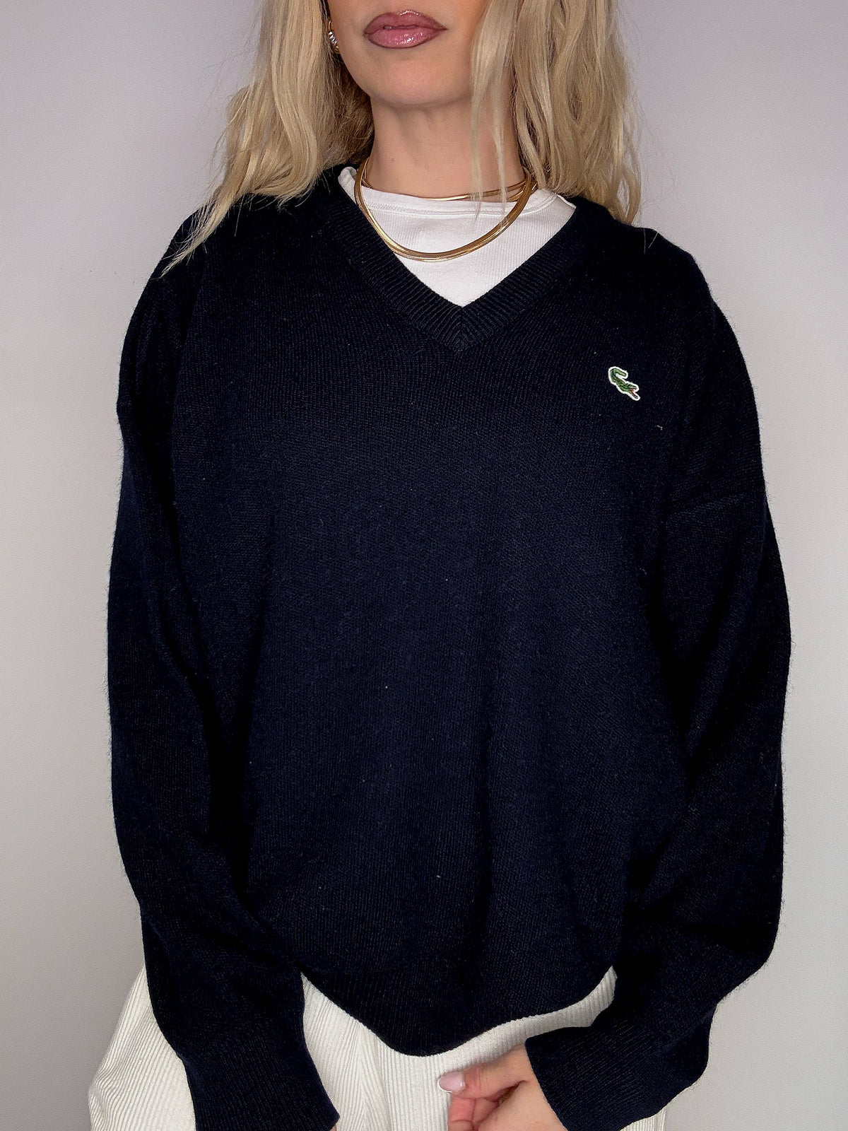 LACOSTE S vintage black V-neck wool sweater