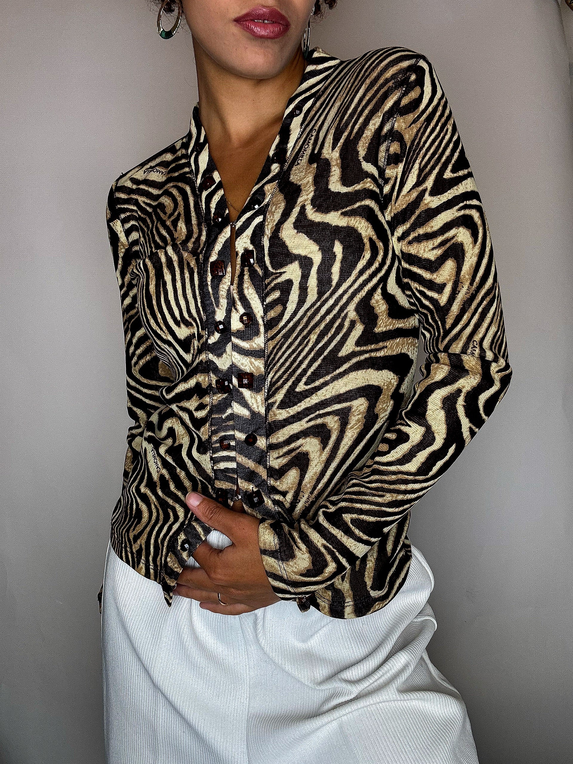 Vintage-Bluse aus Mesh mit Zebramuster, XS/S