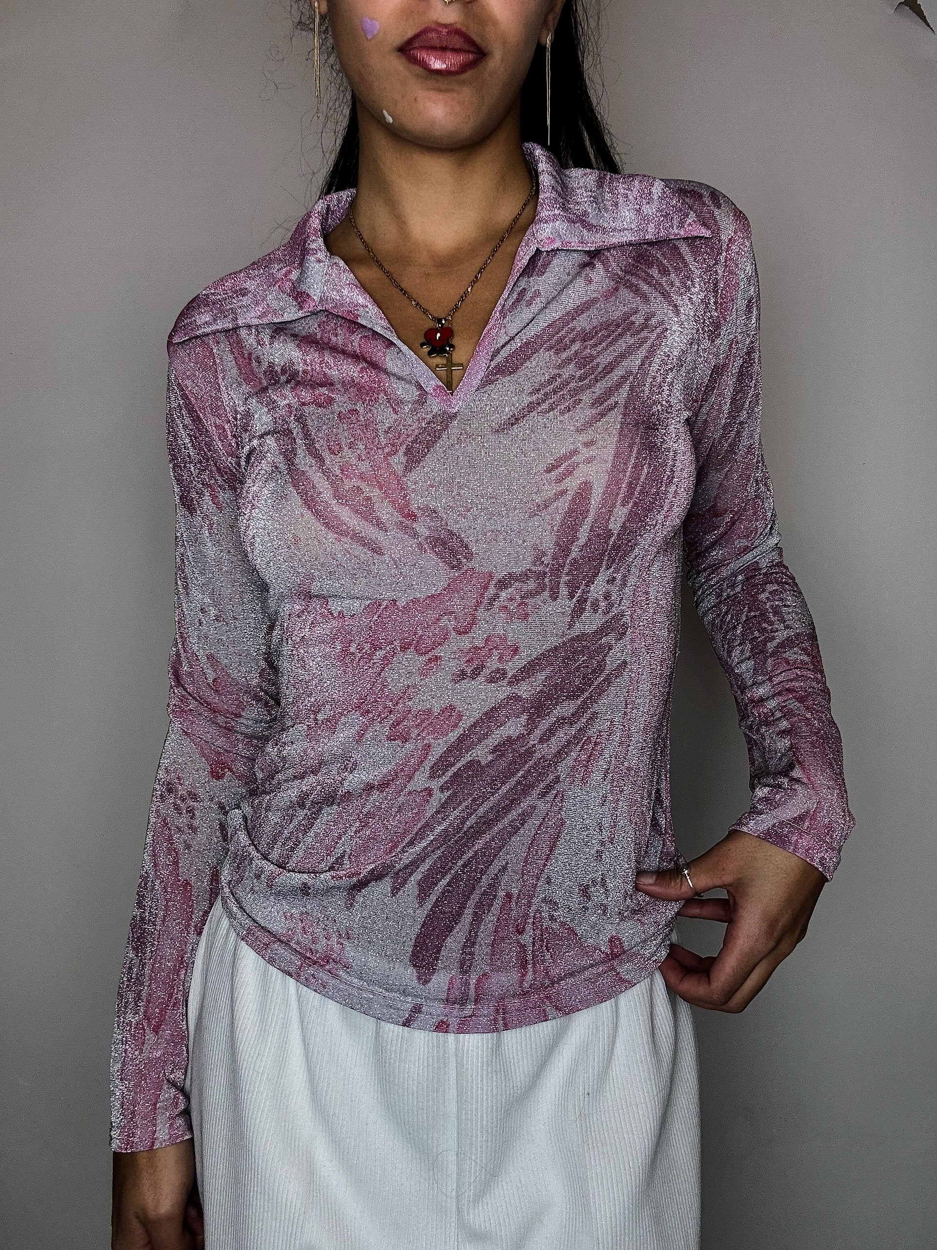 Vintage pink sequined mesh crop top S