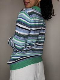 Pull rayé col chemise zip vert M/L vintage