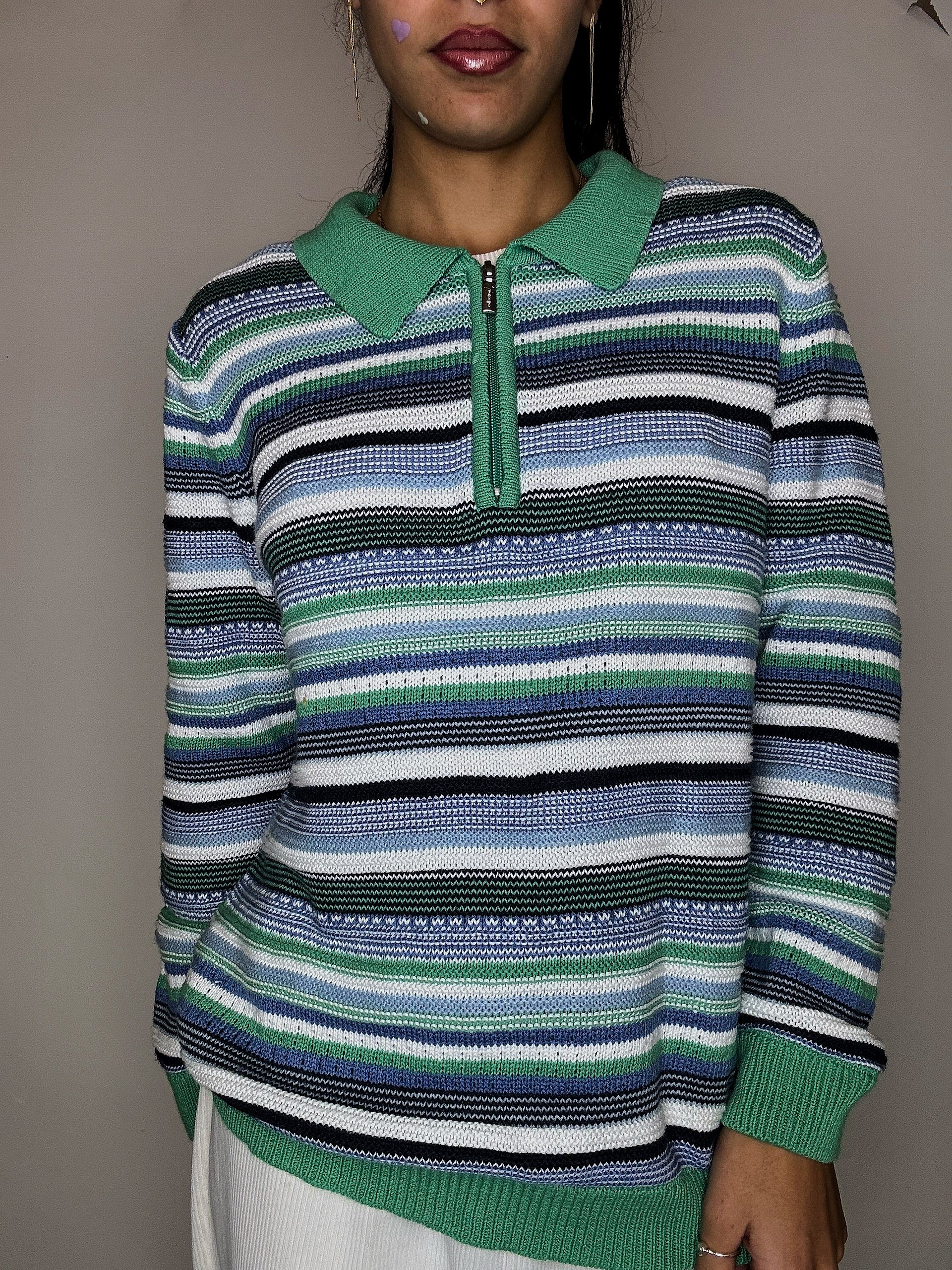 Pull rayé col chemise zip vert M/L vintage