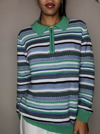 Pull rayé col chemise zip vert M/L vintage