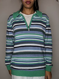 Pull rayé col chemise zip vert M/L vintage