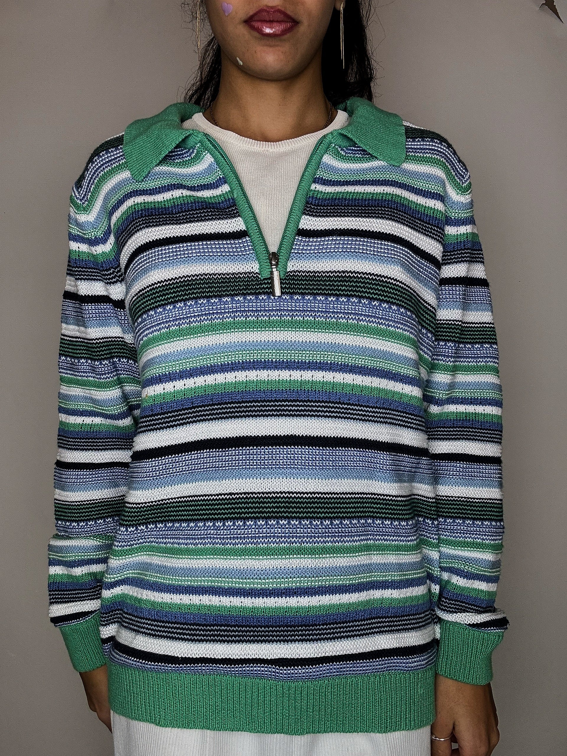 Pull rayé col chemise zip vert M/L vintage