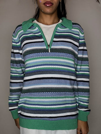Pull rayé col chemise zip vert M/L vintage
