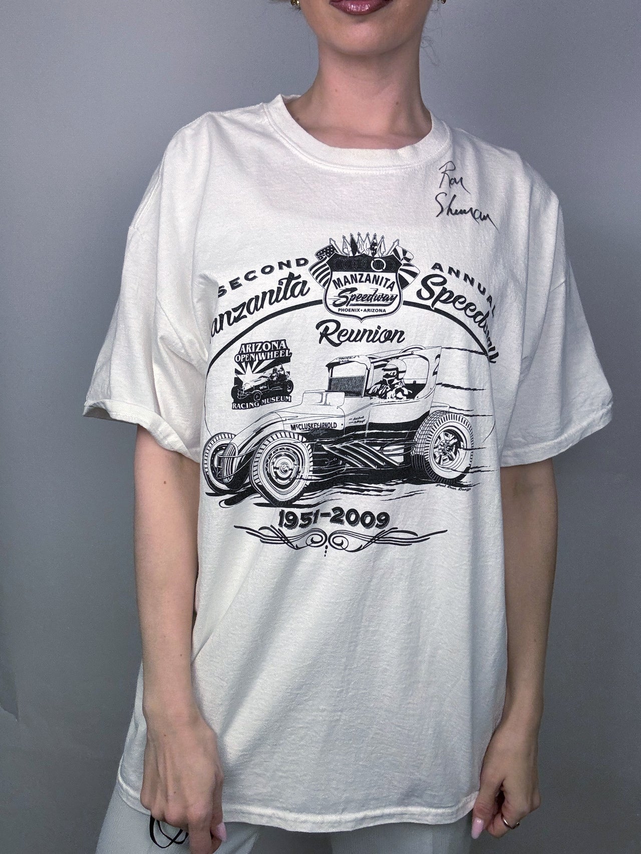 Vintage RON SHUMAN XL autographed white racing t-shirt 