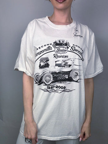 Tee shirt racing blanc dédicassé RON SHUMAN XL vintage