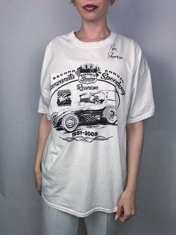 Tee shirt racing blanc dédicassé RON SHUMAN XL vintage