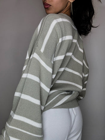 Cardigan rayé sauge et blanc L/XL vintage