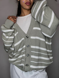Vintage-Strickjacke mit salbei-weißen Streifen, Größe L/XL