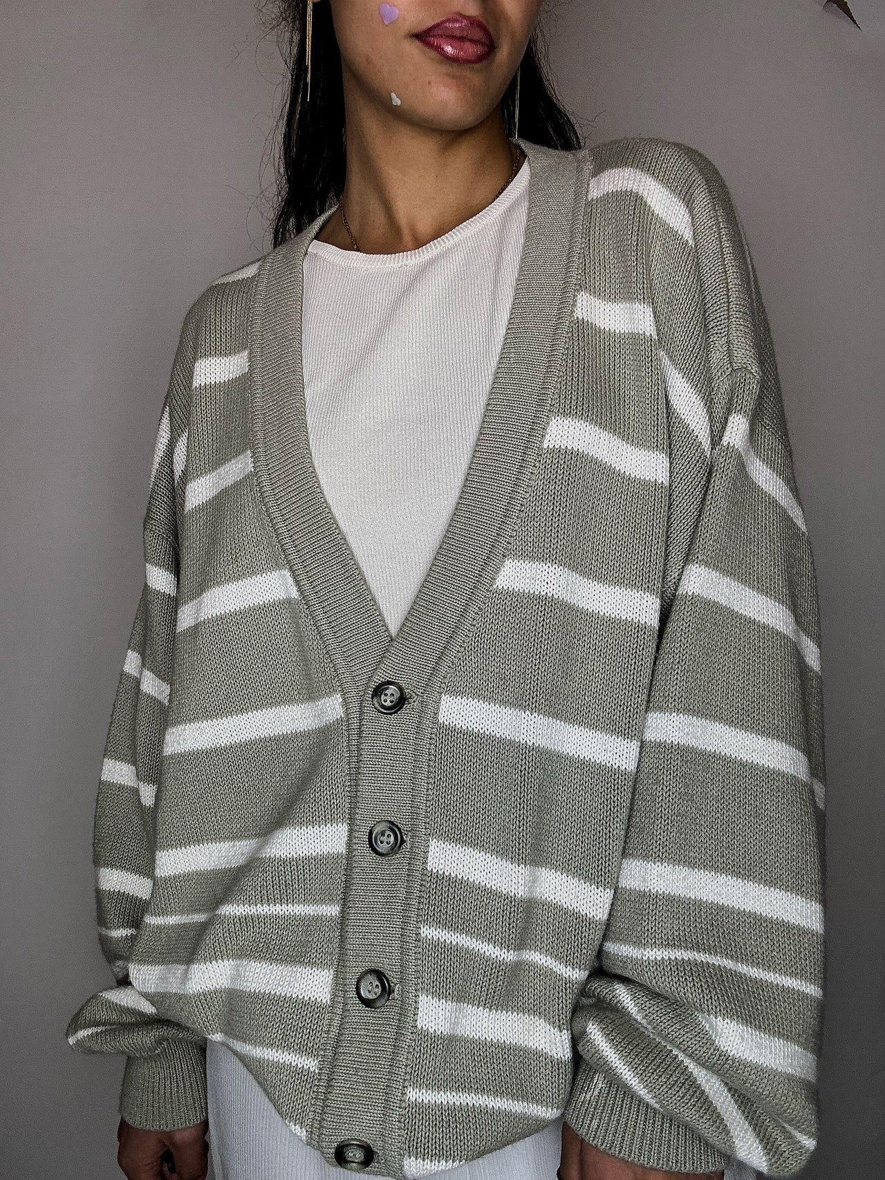 Cardigan rayé sauge et blanc L/XL vintage